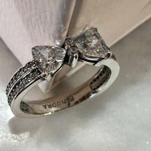 Genuine PANDORA 925 Ale Sparkling Bow Double Row Ring #193552C01 Size 9 - Picture 7 of 7